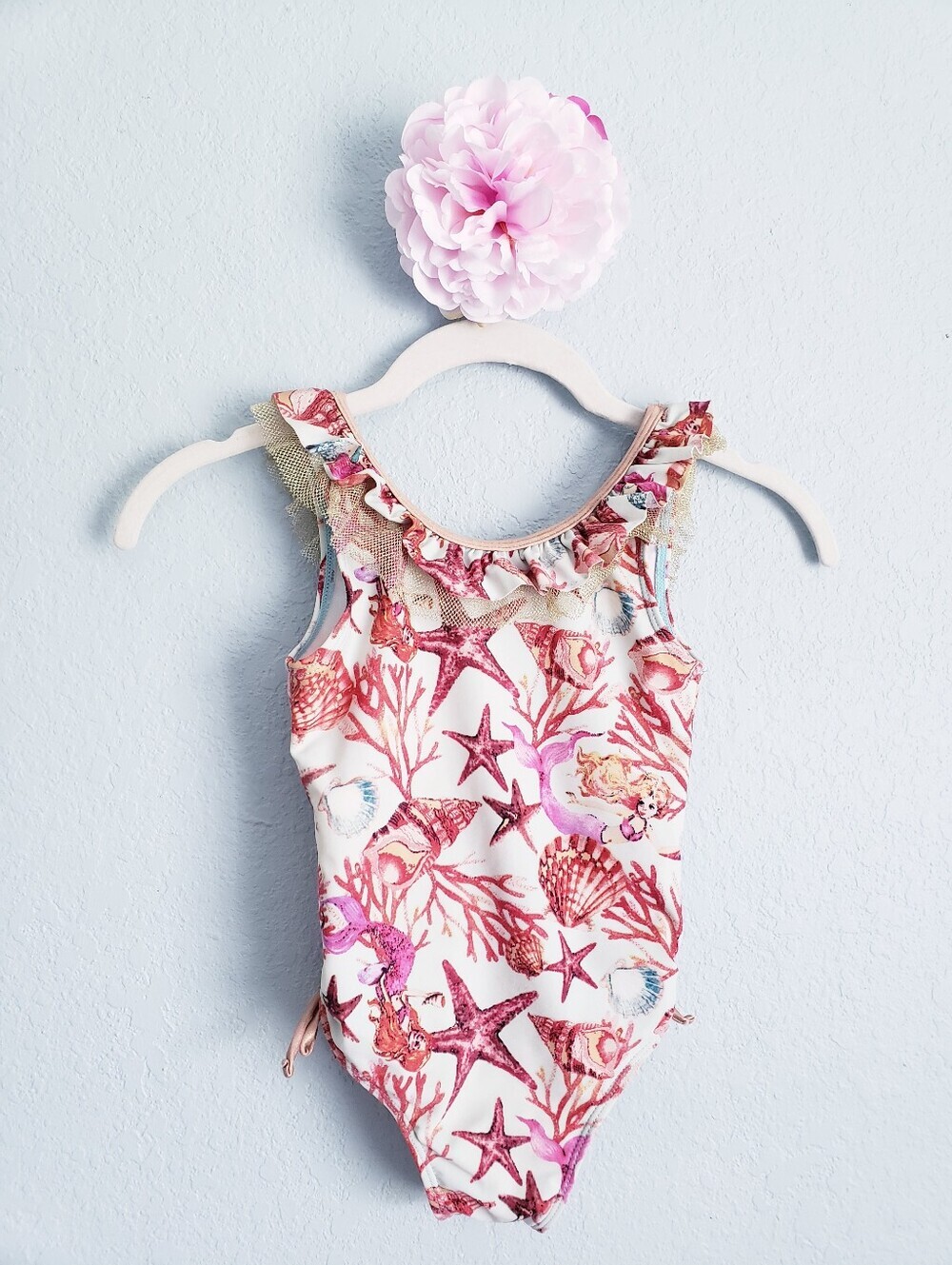 Flapdoodles Coral Mermaid Shimmer Gold Ruffle Toddler One Piece Swinsuit
